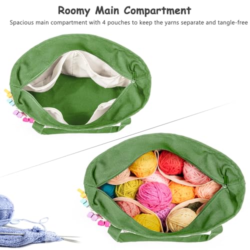 Canvas Yarn Storage Organizer Bag Washable Crochet Bag with Pockets for Yarn, Hooks, Needles – Travel Knitting Tote for Crafters – Gift for Crocheters & Knitters (Medium/Large) - color: Lime, size: Large-15”