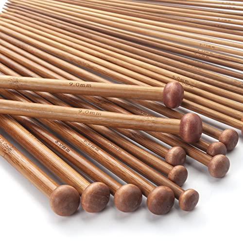 Bamboo Knitting Needles Set, Wooden Knitting Needles for Beginners, 18 Pairs US Size 0-15 (2.0-10.0mm) 14 Inch Long Straight Wood Knit Needle Single Point for Sweaters, Socks, Shawl and Scarf - color: Brown