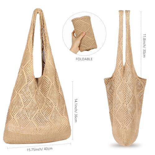 WantGor Crochet Bags, Beach Mesh Tote Bag Womens Shoulder Shopping Handbag | Casual Travel Totes Bag Foldable Hobo Bags - color: Yellowish-brown