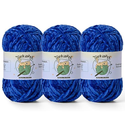 3 Pack of 300g (590yds) Fuzzy Chenille Yarn for Crocheting,Fluffy Amigurumi Crochet Yarn for DIY Craft/Hat/Clothes, Soft Velvet Baby Blanket Yarns（3 Royal Blue） - color: 3 Royal Blue