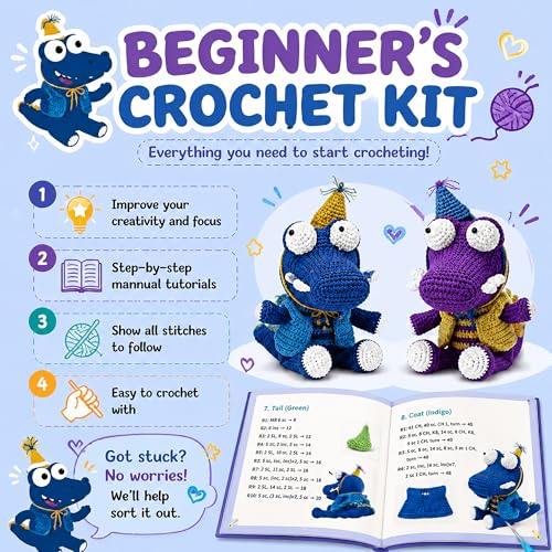 Crochet Kit for Beginners, DIY Crochet Amigurumi Craft Kit (Purple+Blue) | Easy Crochet & Knitting Starter Set with Cotton Yarn & Step-by-Step Instructions, Learn to Crochet Kits for Adults Beginner - color: Purple-blue Crocodile
