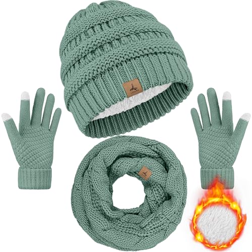 LOROME Winter Beanie Hat Scarf Gloves, Warm Fleece Knit Neck Scarf Set Gift | Hats Gloves Scarf Set, Touchscreen Gloves, Universal Size Neck Scarf Set Winter Gifts for Unisex Adult Winter Wear - color: Mint Green
