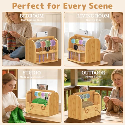 sandpaint Upgraded Yarn Holder for Crocheting, Bamboo Crochet Yarn Holder | Built-in Phone Stand, Bottom Storage, Tangle-Free Dual Rods & Tool Holder, Ideal Crochet Accessories for Skein, Ball Yarn - color: Wood Upgraded Yarn Holder