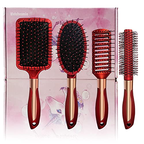 4 Pcs Hair Brush Set, Includes Anti-Static Massage Oval Comb, Detangling Brush, Round Hair Brush, Vented Hair Brush, for Women, Men, and Kids - color: Red