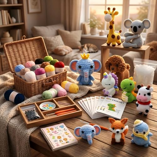 LeRoWen Animal Crochet Kit for Beginners - Makes 9 Animals, DIY Amigurumi Craft Set with Yarn, Hooks & Video Tutorials - Gifts for Beginners, Adults & Craft Lovers