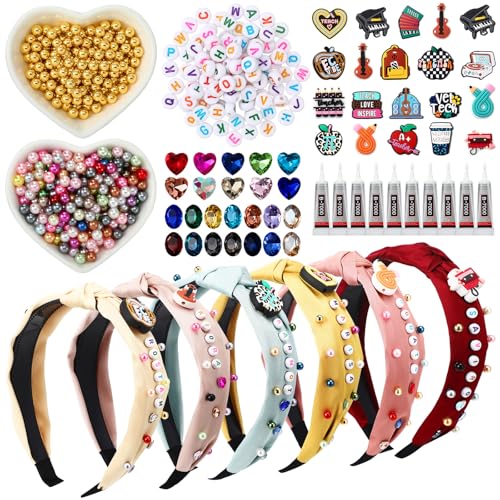 636 Pieces DIY Headband Making Kit Gift Make Your Own Fashion Hair Accessories Set with Teacher Pencil School Alphabet Beads Rhinestone Diamond Pearl for Summer Classmate Graduation Supplies - style: School Themed Style