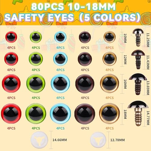 MUCUNNIA 160pcs Safety Eyes for Amigurumi with Washers 10/12/16/18mm Colorful Plastic Safety Eyes for Crochet Craft Safety Eyes Gift for Crochet Lovers Halloween Decorations Stuffed Animals Crafting
