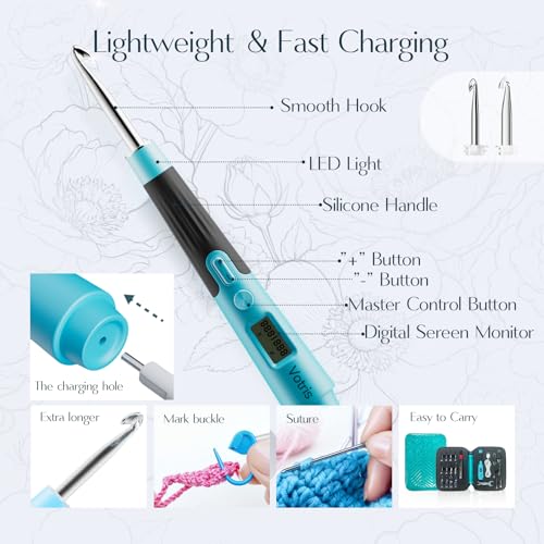 Votris 18 in 1 Counting Crochet Hooks, Light up Crochet Hook Set | Digital Stitch Counter 2.0-14.0mm, Rechargeable & Interchangeable Heads Lighted Crochet Hook, Ergonomic Handles for Beginner - color: Aurora Blue with Counter