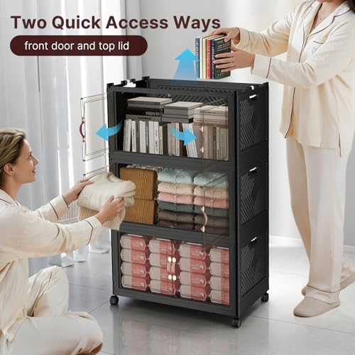UAMFURI Stackable Storage Bins with Lids, 440QT Lockable Storage Cabinet | Closet Organizers, Foldable Storage Box with Doors and Wheels, Plastic Drawers for Home, Garage, Office (4, Black, Plus) - color: Black, size: Plus