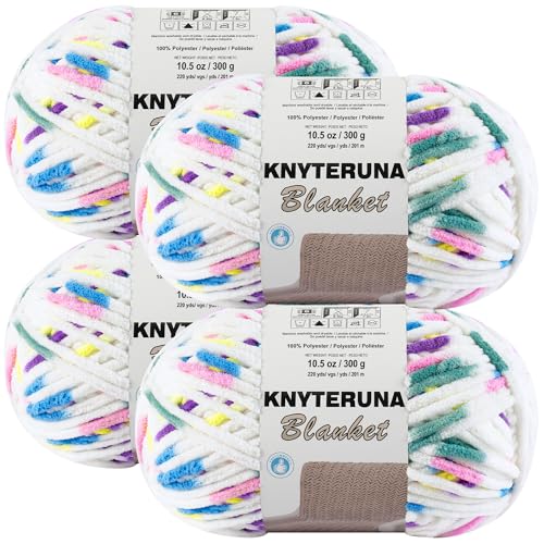 #6 Super Bulky Blanket Yarn for Crocheting - 4 Skeins(Each 10.5oz/300g, 220yds/201m), Chunky Chenille Thick Plush Big Soft Yarn for Crocheting Knitting Blankets, Rainbow & White - color: Tie Dye Rainbow & White