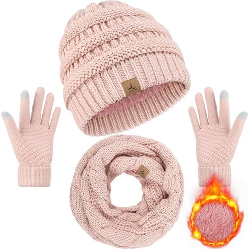 LOROME Winter Beanie Hat Scarf Gloves, Warm Fleece Knit Neck Scarf Set Gift | Hats Gloves Scarf Set, Touchscreen Gloves, Universal Size Neck Scarf Set Winter Gifts for Unisex Adult Winter Wear - color: Indi Pink