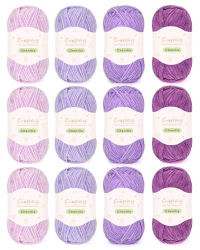 Coopay Skinny Chenille Yarn for Crocheting & Knitting, Purple Gradient | Crochet Yarn Set - 600g Total, Velvet Yarn for Colorful Crafts, Blankets, Plush Dolls, Decorative Handmade Works - color: Purple Tones, size: #2 Thin