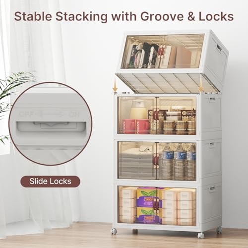 UAMFURI Stackable Storage Bins with Lids, 192QT Lockable Storage Cabinet | Folding Storage Box with Doors and Wheels, Collapsible Plastic Drawers for Home, Garage, Office - color: White, size: Medium