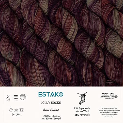 Estako Jolly Socks Hand Painted Superwash Fine Merino Wool Yarn, Jazzy | sock weight, fingering weight, variegated, 3.52 oz, 360 yds, 2.5-3 mm needles, 29 sts gauge, machine washable - color: 7260 - Jazzy