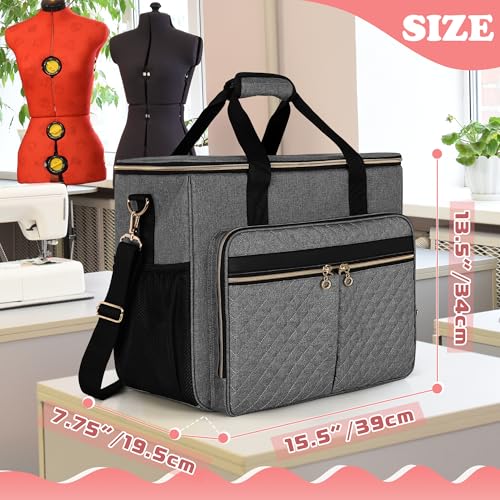 LUXJA Sewing Machine Case with Multiple Pockets, Gray | Sewing Machine Bag Compatible with Most Standard Brother, Singer, Janome, Detachable Shoulder Strap, Trolley Sleeve - color: Gray