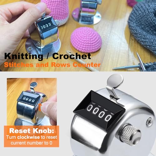 Stitch Counters for Knitting and Crocheting, Metal Knitting Row Counter | Hand Tally Clicker Counter, Battery-Free Counter, 4-Digit Display, Portable Finger Ring, Multi-Use Clicker (1 Pack)