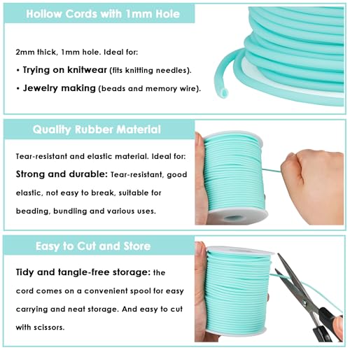 Rubber Tube Cord 54 Yards 2mm Light Turquoise Stitch Keeper with 1mm Hole | Tubing Knitting Barber Cord Hollow Rubber Pipe with Spool for Knitting Projects Jewelry Making and Bead Creations - color: Light Turquoise