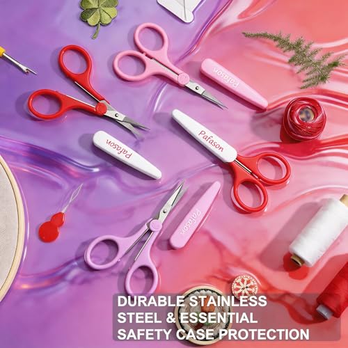 PAFASON Small Travel Sewing Crafting Scissors Set Straight Curved Tip | Stainless Steel for Quilting DIY Knitting Embroidery Cross Stitch Crochet Thread Yarn Paper Detail Cutting Safety Case - color: Straight 4in Pinkpurple + Curved 3.5in Red
