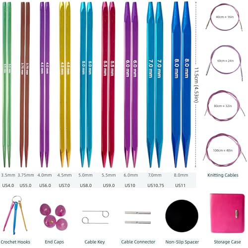 CKZLY 4.53" Square Interchangeable Circular Knitting Needles Set, US 4-11 | 9 pairs aluminum needles, anti-slip, 4.53 inch (3.5-8.0mm), with Cables, crochet hooks & case. Ergonomic design for beginners