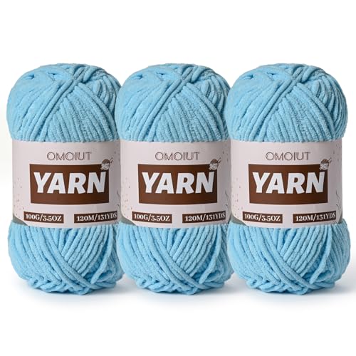 3 Packs Plush Chenille Chunky Crochet Yarn - Baby Yarn for Crocheting Soft - Velvet Yarns Knitting for Blankets Crafts - Fluffy Amigurumi Yarns 300g / 393yd (3 Azure) - color: 3 Azure