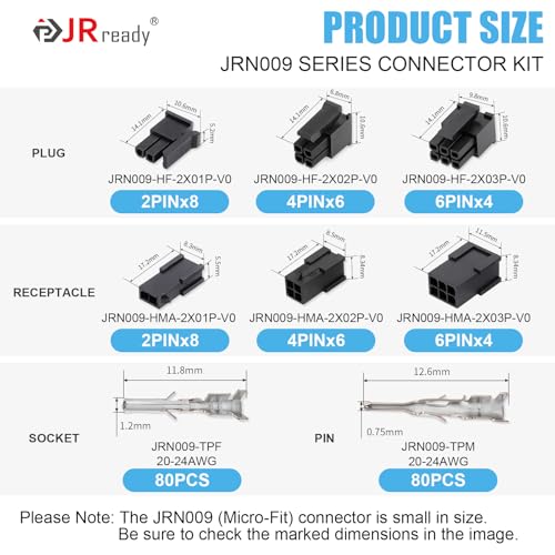 JRready Molex Micro-fit 3.0 Connector Kit 2 4 6 Circults MX3.0 Power Plug Receptacle 43020 Series 20-24AWG Wire Crimp Terminals 43031 Series Pins Sockets Connectors 3.0mm Pitch 196Pcs ST6516 - color: 2 4 6 Pin