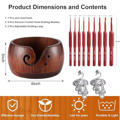 Wooden Yarn Bowl Holder, Craft Knitting Bowl with 9pcs Silicone Crochet Hooks and Crochet Ring, 6 Inch Yarn Storage Crochet Bowl Set Gift for Knitters Women Mother Grandma