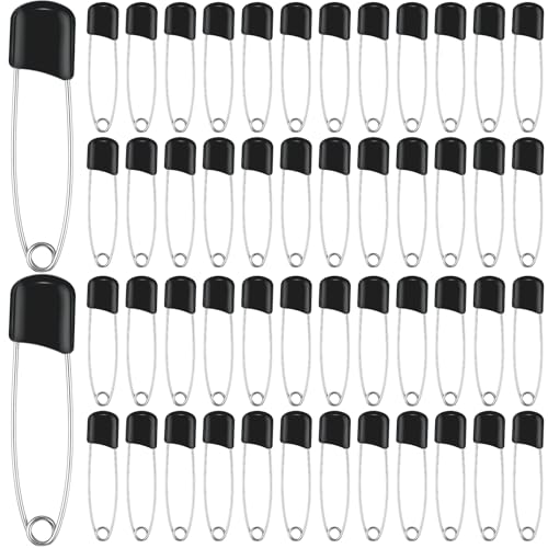 WILLBOND 100 Pcs Large Safety Pins for Clothes,with Bag, Black | Plastic Head with Locking Closures, Heavy Duty Nappy Pins Hooks, 2.2 Inch Fasteners, Stainless Steel, Velvet Bag - color: Black