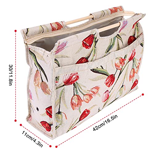 Knitting Tote Bag,Exquisite Practical Wood Handle Woven Fabric Storage Bag for Knitting Needles Sewing Tools(Red Flower) - color: Red Flower