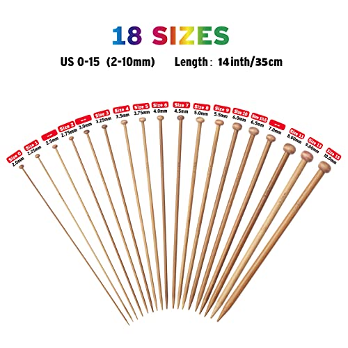 Bamboo Knitting Needles Set, Wooden Knitting Needles for Beginners, 18 Pairs US Size 0-15 (2.0-10.0mm) 14 Inch Long Straight Wood Knit Needle Single Point for Sweaters, Socks, Shawl and Scarf - color: Brown