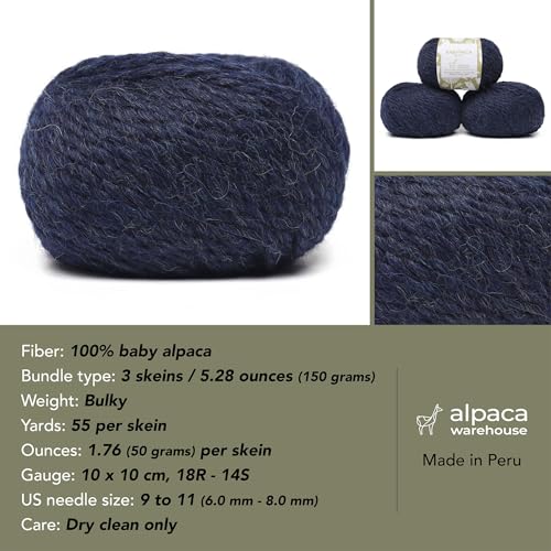 100% Baby Alpaca Yarn 3 Skeins 150g Bulky Weight Knitting Crochet D. Blue | Made in Peru with natural warmth and softness featuring 162yd of premium fiber ideal for scarves shawls sweaters and more - color: Denim Blue, size: Bulky - 3 Skeins
