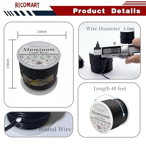 9 Gauge Aluminum Craft Wire Black 40FT 3mm, Jewelry Making, Flexible Bendable Armature Wire for Sculpting, Floral Crafts, Metal Wire Wrapping, DIY Art Projects & Wreath Making - color: Black, size: 9gauge