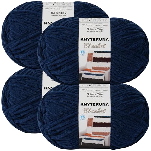 #6 Super Bulky Blanket Yarn for Crocheting - 4 Skeins(Each 10.5oz/300g, 220yds/201m), Chunky Chenille Thick Plush Big Soft Yarn for Crocheting Knitting Blankets, Navy Blue - color: Navy Blue