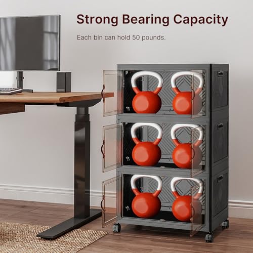 UAMFURI Stackable Storage Bins with Lids, 144QT Lockable Storage Cabinet | Folding Storage Box with Doors and Wheels, Collapsible Plastic Drawers for Home, Garage, Office - color: Black, size: Medium