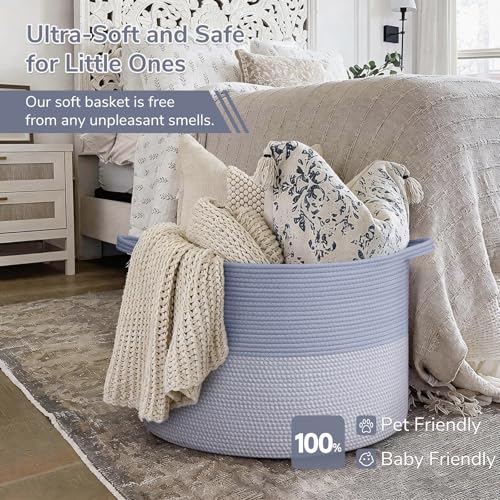 INDRESSME 115L Extra Large Woven Rope Blanket Basket Living Room Blue | 23.6" x 15.7" Storage baskets for toys laundry & pillows. Fits living room, bedroom or nursery décor. Soft-touch with handles - color: Blue & White, size: 23.6"D x 15.7"H