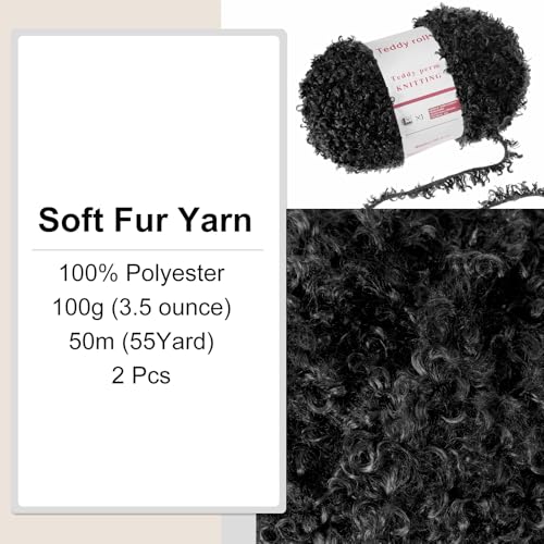 MECCANIXITY 2 Skeins Fur Yarn Soft Fluffy Chunky Yarn Fuzzy Eyelash Yarn Black for Crocheting Knit Clothes Bag - 55Yard/50m, 3.12ozx2 - color: Black