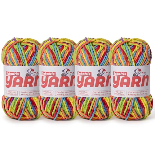 4 Pack Plush Chunky Chenille Yarn for Crocheting, Soft Fluffy Velvet Yarn for Crocheting Amigurumi, Fuzzy Baby Blanket Knitting 400g/524yds Bulky(4 Rainbow) - color: 4 Rainbow