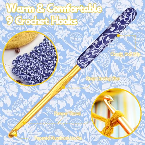 Coopay Warm Crochet Hooks, Ergonomic Crochet Hook Set Soft Grip- Dark Blue | 2.0mm-6.0mm Dark Blue & White Porcelain Art Handle, Comfort Grip Needles Set for Beginners, Long Crochet Needles Set Gift - color: Dark Blue & White Porcelain