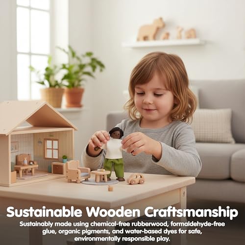 PlanToys® Father Dollhouse Wooden Figurine Poseable 1:12 Scale 5-Inch Doll | dad character, doll house people accessories, bendable arms, kids pretend play, girls storytelling gift ages 3+ for boys - color: African American Dad