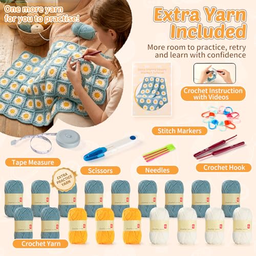 Fitsu Crochet Kit for Beginners, Daisy Granny Square Blanket Crochet Starter Kit with Yarn, Hooks, Step-by-Step Book & Video Tutorials, Easy Learn-to-Crochet Gift Set for Adults and Beginners