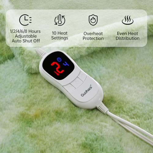 Guohaoi Heated Blanket, Soft Faux Rabbit Fur Electric Throw, 90"×100" | Electric Blanket with 10 Heating Levels 5 Setting Timer Auto Off, Cozy Warm Heating Blankets, Machine Washable, LightGreen - color: Light Green, size: 90''*100''