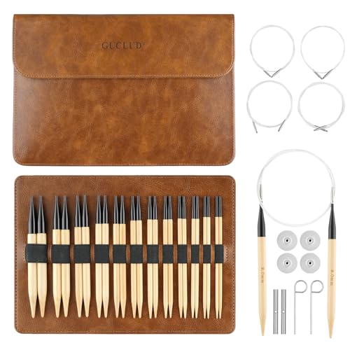 Guclud Bamboo Knitting Needles Set, 5-Inch Interchangeable Circular Knitting Needles US 4-15 (3.5-10mm),12 Pairs of Hand-Polished Circular Needles, 4 Cables, Accessories & Case (Black Tip)