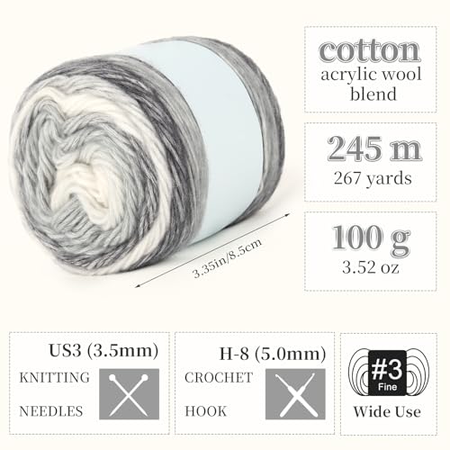 Aeelike Cake Yarn for Crocheting, Soft Ombre Crochet Yarn, Ink Gradient | 3 PCS #3 Light weight 100g(3.52oz) 245m( 267yards), 60% Cotton Blend Gradient Yarn for Blanket Scarves DIY Crafts, Ideal Gift - color: Grey White Gradient, size: 3 pcs