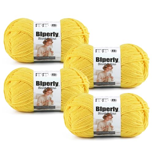 Skinny Chenille Yarn for Crocheting, #2 Gold Thin Baby Blanket Plush Yarn | 4 Pack of 158 Yds, 1.7 Oz Sport Fingering Weight Fine Yarn, Soft Fluffy Velvet Yarn for Crochet knitting Blankets, Amigurumi - color: Golden Yellow