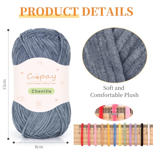 Coopay Skinny Chenille Yarn for Crocheting & Knitting, Black & Grey | Crochet Yarn Set - 600g Total, Velvet Yarn for Colorful Crafts, Blankets, Plush Dolls, Decorative Handmade Works - color: Gray Tones, size: #2 Thin
