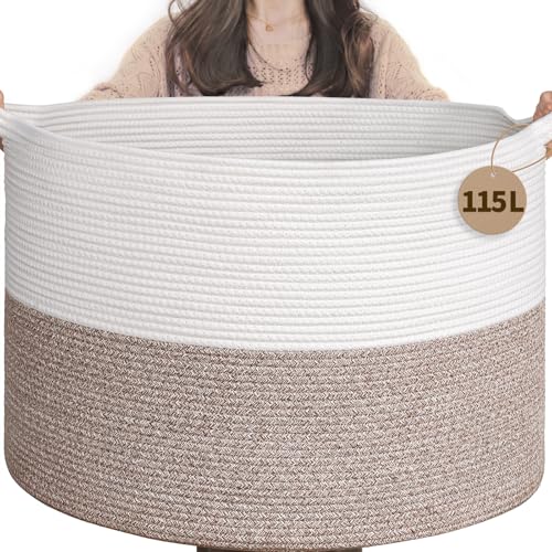 INDRESSME 115L Extra Large Woven Rope Blanket Basket Living Room, Brown | 23.6" x 15.7" Storage baskets for toys laundry & pillows. Fits living room, bedroom or nursery décor. Soft-touch with handles - color: White & Brown, size: 23.6"D x 15.7"H