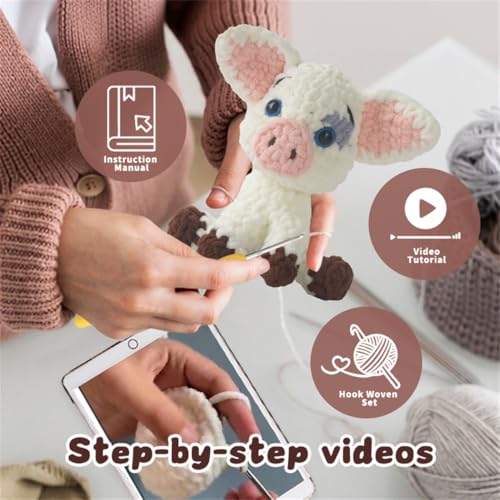 Linhao Jew Crochet Kit for Beginners – Knitting Kits Cute Animal Kitten Keychain with Pre-Started Easy Yarn, Step-by-Step Video Tutorials for Adults DIY Crafts (Pig) - color: pig