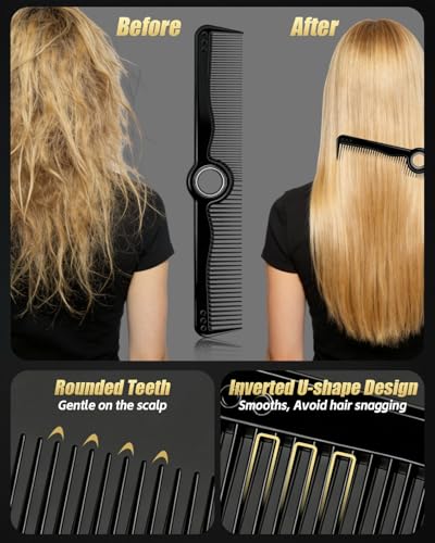 Rotatable Hair Comb, 8" Fine & Wide Tooth Comb with Bonus 9" Rat Tail Comb | Professional Hair Comb for Men Women, Carbon Fiber + ABS, Rounded Teeth, Heat Resistant for Hair Stylists, Barbers - color: Black