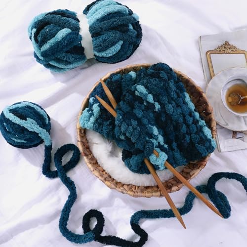 HOMBYS Blue Multi Chunky Chenille Yarn for Hand Knitting,Fluffy Soft Jumbo Yarn Crocheting,Super Bulky Big Yarn for Chunky Blanket,Large Thick Arm Knitting Yarn,8 Pack Plush Yarn - color: Blue Multi
