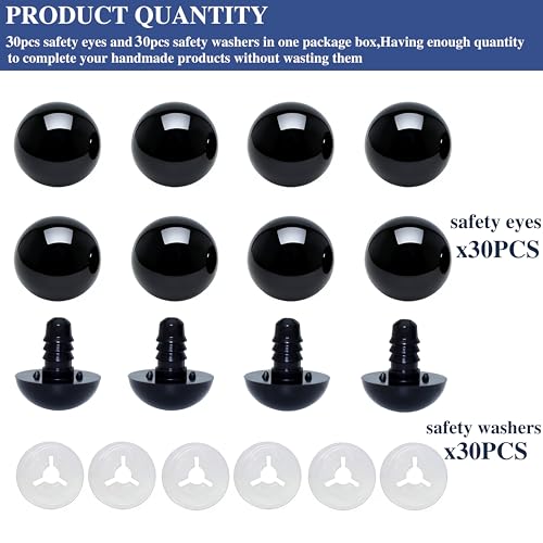 Thalinfayi 20mm Solid-Black Safety Eyes Craft Eyes for Amigurumi Crocheting | 60pcs Plastic Crochet Eyes and Washers for DIY Stuffed Plush Animals & Handmade Crafts ,Gloosy Smooth Surface, Even Color - size: 20mm
