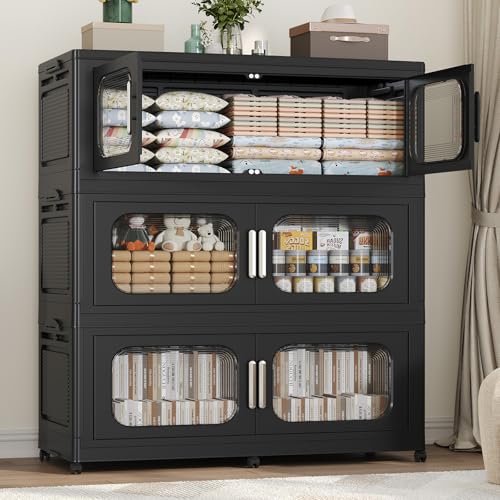 150Gal Extra Large Stackable Storage Bins with Wheels & Lid & Doors, 200QT/50GAL 3-Tiers Collapsible Closet Organizers Plastic Drawers Containers Boxes for Home Kitchen Bedroom, Black - color: Black, size: 50Gal-3Pack